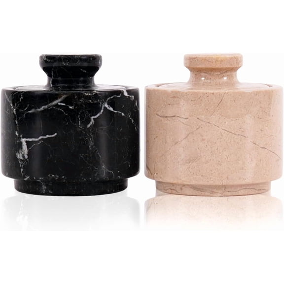 Radicaln Marble Salt Cellar with Lid 3" Black Onyx and Verona Handmade Salt Container Set of 2, Spice Jars, Salt Holder, Sugar Bowl & Seasoning Holder for Kitchen Storage & Countertop Décor