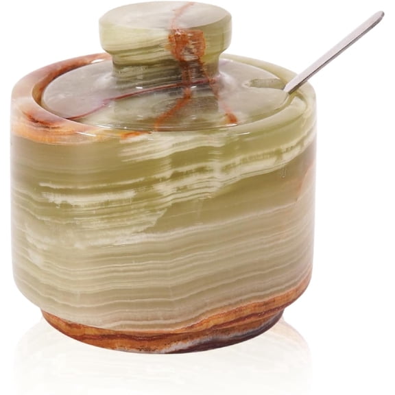 Radicaln Marble Salt Cellar with Lid and Spoon 3 inch Green Handmade Salt Jar & Table Salt Storage For Kitchen Countertop, Ideal Salt Container, Salt Dish & Sugar Bowl For Table