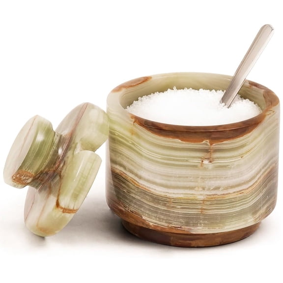 Radicaln Marble Salt Cellar with Lid and Spoon 3 inch Green Handmade Salt Jar & Table Salt Storage For Kitchen Countertop, Ideal Salt Container, Salt Dish & Sugar Bowl For Table