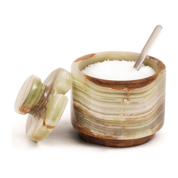 Radicaln Marble Salt Cellar with Lid and Spoon 3 inch Green Handmade Salt Jar and Table Salt Storage For Kitchen Countertop, Ideal Salt Container, Salt Dish and Sugar Bowl For Table