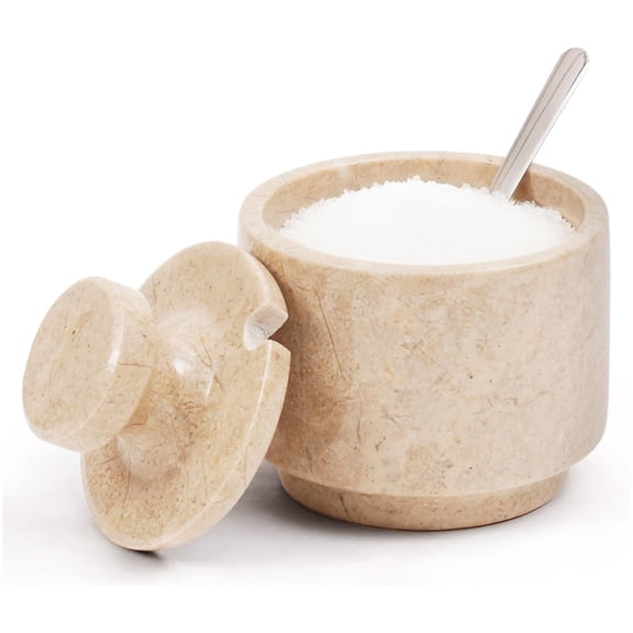 Radicaln Marble Salt Cellar with Lid and Spoon 3 inch Verona Handmade Salt Jar, Ideal Salt Holder, Spice Storage Containers For Kitchen Countertop, Ideal Sugar Bowl and Salt dish For Table