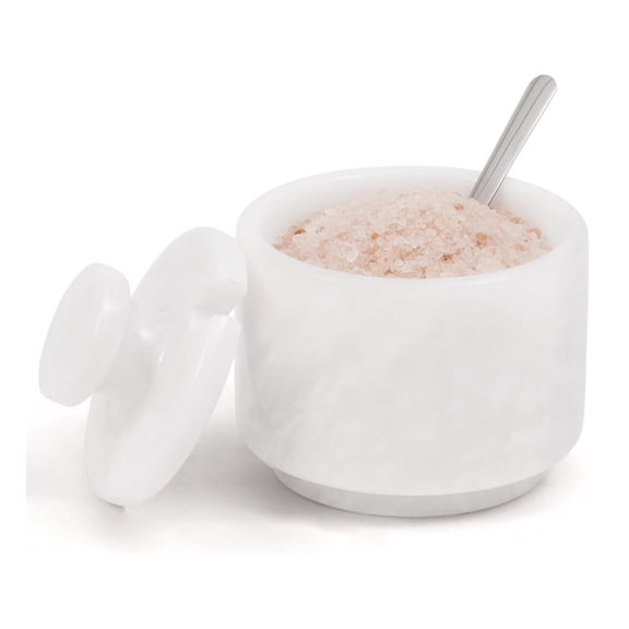 Radicaln Marble Salt Cellar with Lid and Spoon 3 inch White Handmade Table Salt Container, Ideal Salt Holder and Sugar Bowl For Kitchen Countertop, Ideal Salt Dish and Salt Jar for Celtic Salts