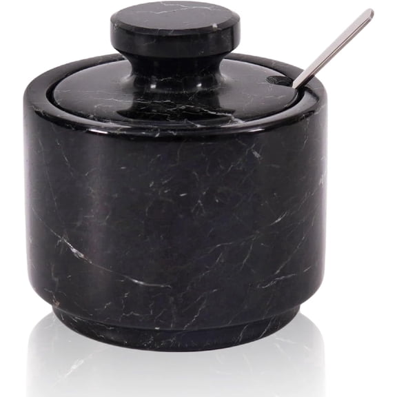 Radicaln Marble Salt Cellar with Lid and Spoon 3 inch Black Handmade Salt Jar & Table Salt Storage For Kitchen Countertop, Ideal Salt Container, Salt Dish & Sugar Bowl For Table