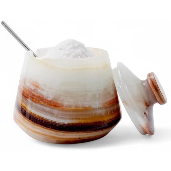 Radicaln White Onyx Marble 4" Salt Cellar with Lid and Spoon | Salt Container, Spice Jars, Salt Container, Sugar Bowl & Seasoning Holder for Kitchen Storage & Countertop Décor
