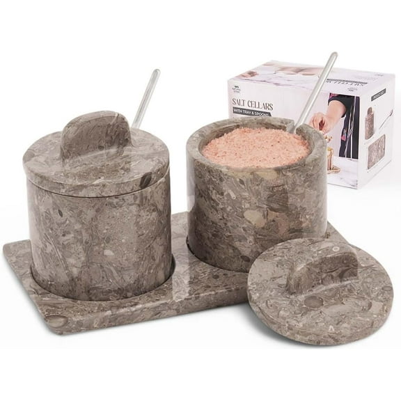Radicaln Marble Salt Cellar With Lid and Tray 4 Inch Oceanic Flaky Salt Box for Dining Table Decor - Set of 2 Seasoning Containers, Spice Jars & Sugar Bowl With Spoon for Kitchen Countertop Storage