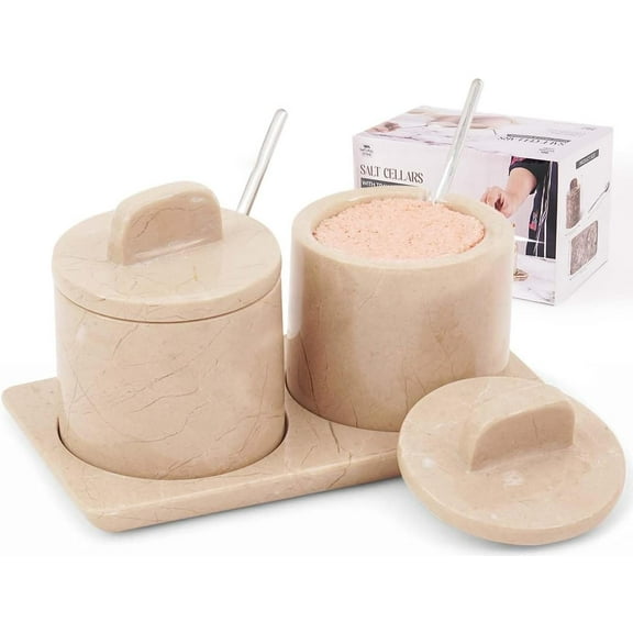 Radicaln Marble Salt Cellar With Lid and Tray 4 Inch Verona Flaky Salt Box for Dining Table Decor - Set of 2 Seasoning Containers, Spice Jars & Sugar Bowl With Spoon for Kitchen Countertop Storage
