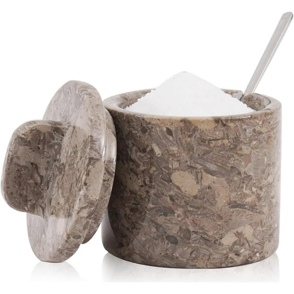 Radicaln Marble Salt Cellar with Lid and Spoon 4 inch Oceanic Handmade Spice Jars for Kitchen Storage - Flaky Salt Holder, Decorative Sugar Bowl & Small Seasoning Containers for Countertop Decor