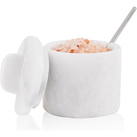 Radicaln White Marble 3" Salt Cellar with Lid and Spoon – Elegant Kitchen Spice Jar, Seasoning Holder, Salt Keeper, Sugar Bowl & Salt Storage, Countertop Organization for Cooking