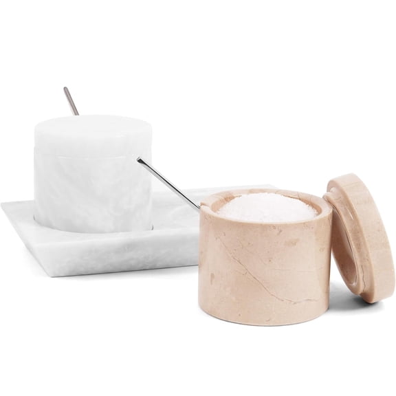 Radicaln Marble Salt Cellar with Lid and Tray 3 inches White and Verona Handmade Set of 2 Seasoning Jars For Kitchen Storage, Ideal Table Sugar Bowl and Salt Dish For Countertop