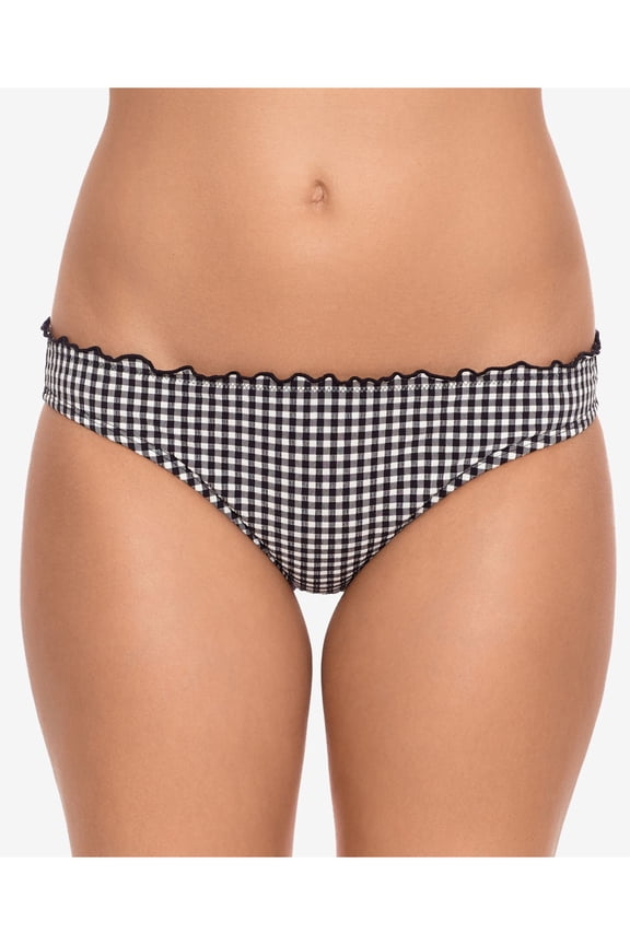 Women's Black Gingham Stretch Cinched-Back Bikini Moderate Coverage Ruffled Hipster Swimsuit Bottom M