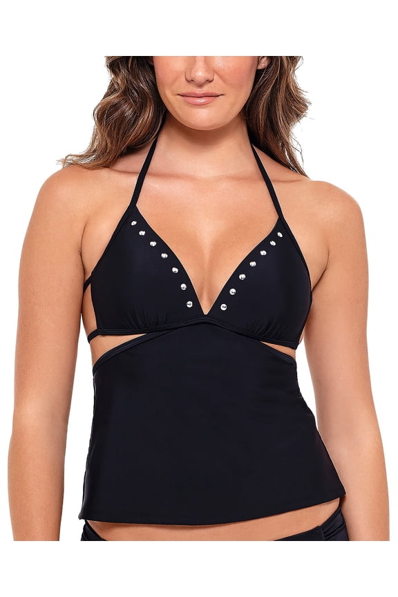 Women's Black Stretch Studded Lined Deep V Neck Tie Tankini Swimsuit Top S