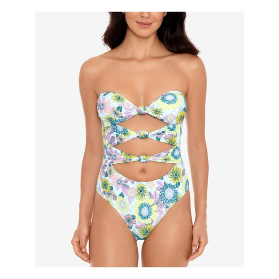 SALT + COVE Women's Blue Floral Cutout In Full Bloom Bandeau One Piece Swimsuit M