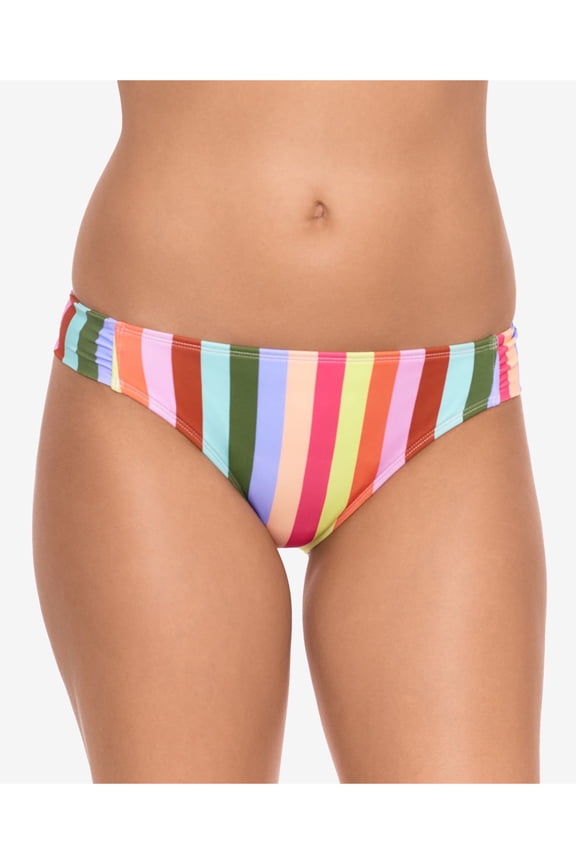 Women's Green Multi-Stripe Stretch Shirred Tab Sides Lined Moderate Coverage Hipster Swimsuit Bottom XL