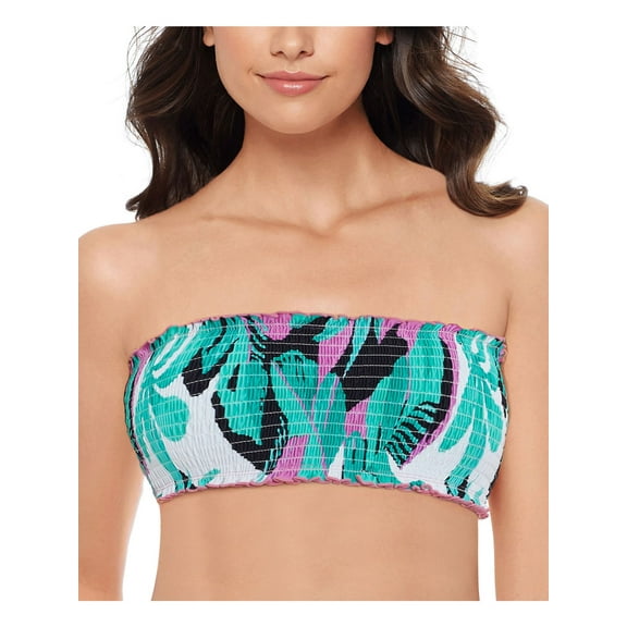 SALT + COVE Women's Green Ruffled Smocked Bandeau Swimsuit Top XS