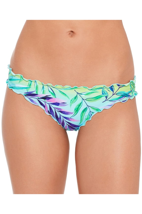 Women's Green Tropical Print Stretch Skimpy Bottom Coverage Ruffled Hipster Swimsuit Bottom S