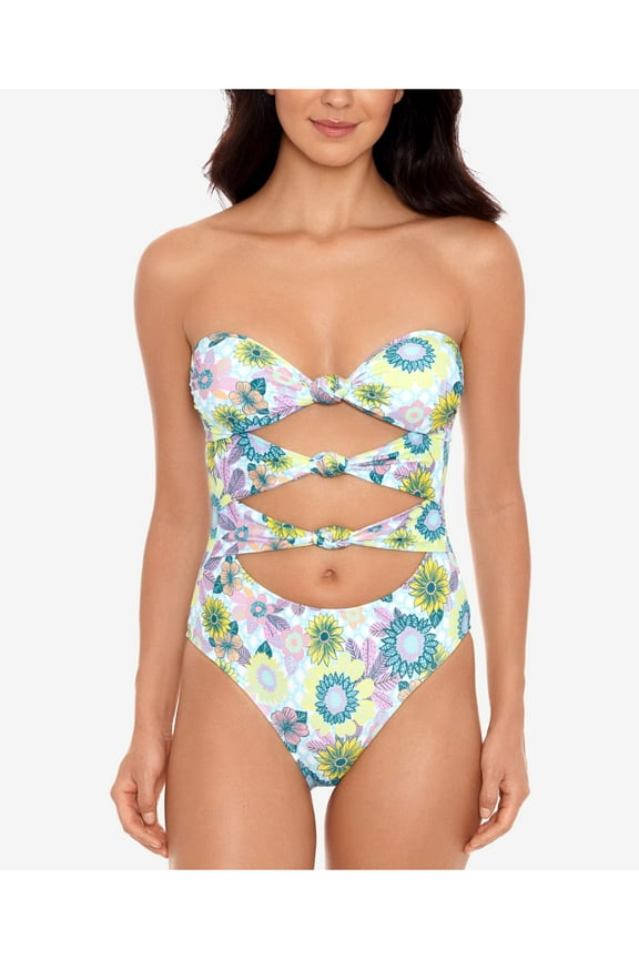 Women's Light Blue Floral Cutout In Full Bloom Bandeau One Piece Swimsuit L