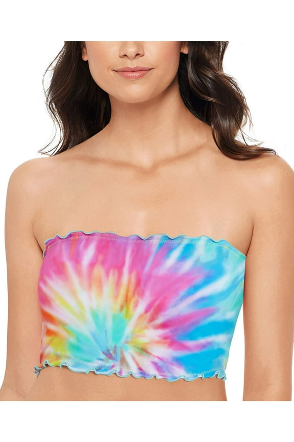 Women's Multi Color Tie Dye Stretch Ruffled Convertible Bandeau Swimsuit Top XS