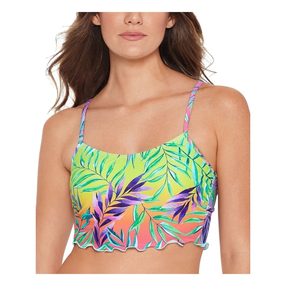 SALT   COVE Women's Multi Color Tropical Print Stretch Ruffled Hem Lined Adjustable Deep V Neck Tropical Punch Swimsuit Top S