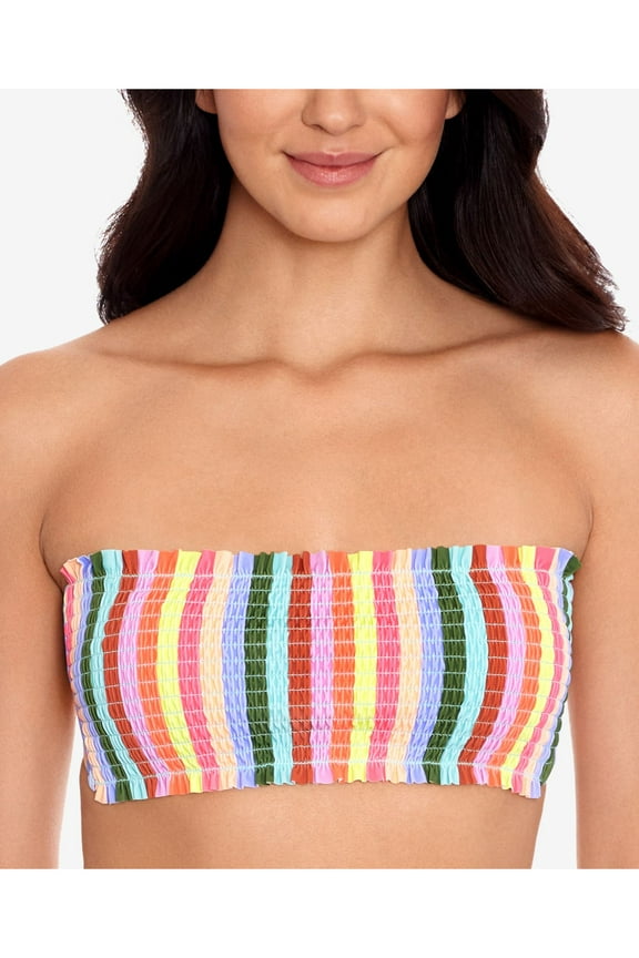 Women's Pink Striped Removable Strap Smocked Cabana Bandeau Swimsuit Top M