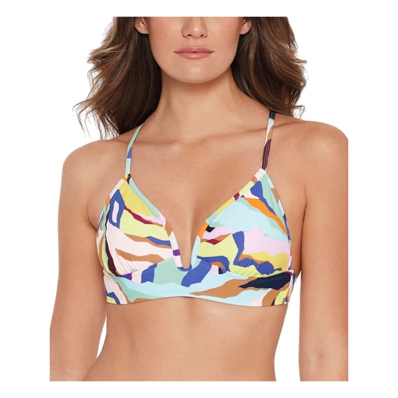 SALT + COVE Women's Purple Printed Stretch Removable Cups Lined Deep V Neck V-Wire Swimsuit Top XS