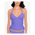 thumbnail image 1 of SALT + COVE Women's Purple Stretch Removable Cups Lined Strappy Ribbed Deep V Neck Preppy Halter Tankini Swimsuit Top M, 1 of 4