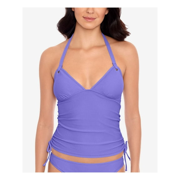 SALT + COVE Women's Purple Stretch Removable Cups Lined Strappy Ribbed Deep V Neck Preppy Halter Tankini Swimsuit Top M