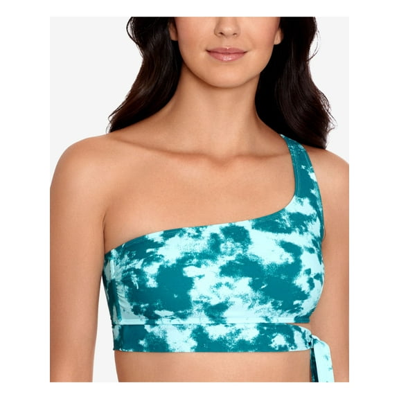 SALT + COVE Women's Teal Tie Dye Stretch Removable cups Lined Side Tie Adjustable Sea Foam One Shoulder Swimsuit Top M