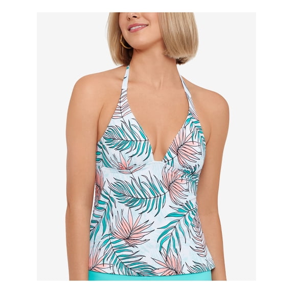 SALT + COVE Women's White Printed Removable Cups Lined Deep V Neck Tie Calm Palm Halter Tankini Swimsuit Top M