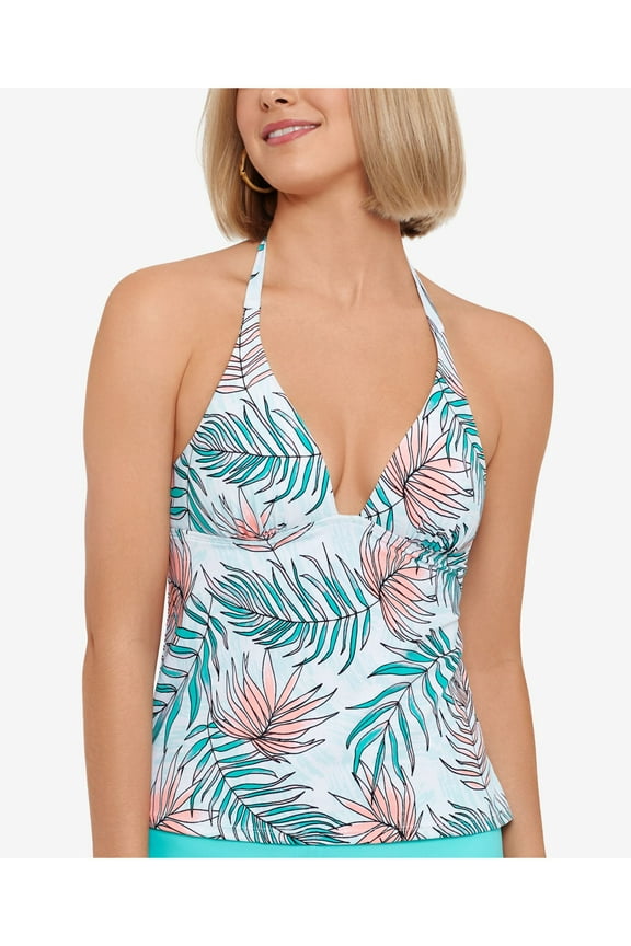 Women's White Printed Removable Cups Lined Deep V Neck Tie Calm Palm Halter Tankini Swimsuit Top M
