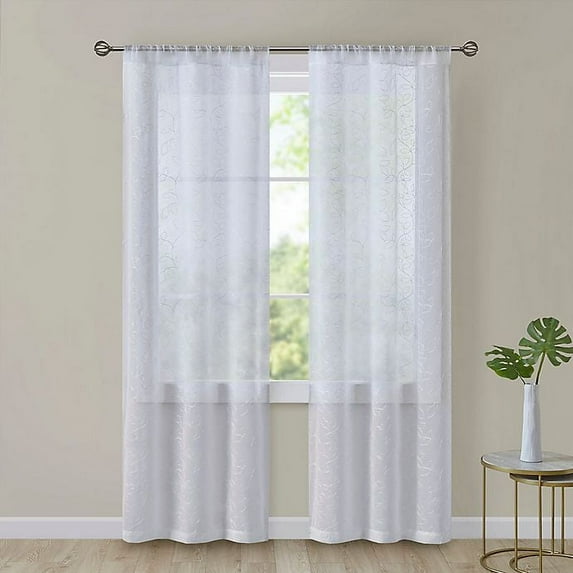 SALT Turin Leaf 2-Pack 84-Inch Rod Pocket Embroidered Sheer Window Curtain Panels