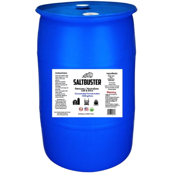 SALTBUSTER  Road Salt & Brine Remover/Neutralizer for Auto & Trucks & Marine. PH Neutral Formula, 55 Gallon Concentrate makes 5500 Gallons mixed formula.