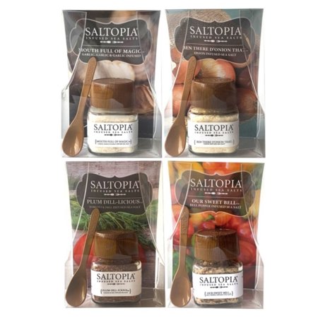 SALTOPIA FARMED FRESH, All Natural, Variety Set of 4 Different Flavor Infused Sea Salts, Farm Fresh Flavors Tomato, Onion, Bell Pepper, Garlic. 3.4oz Jars (4 pack)