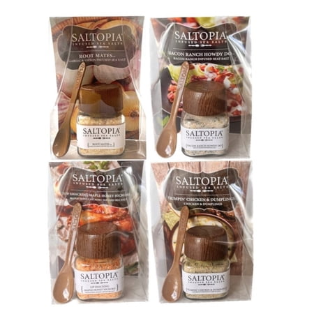 SALTOPIA LOVE AT FIRST BITE, All Natural, Variety Set of 4 Different Flavor Infused Sea Salts, Creative Cooking for Food Lovers, Maple, Bacon, Honey, Ranch, Chicken Dumplings. 3.4oz Jars (4 pack)