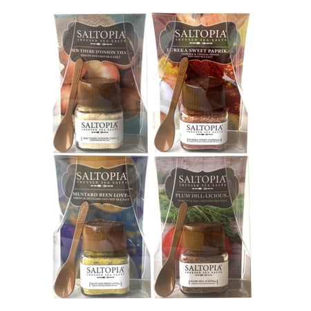 SALTOPIA PERFECTLY PLATED, All Natural, Variety Set of 4 Different Flavor Infused Sea Salts, Extraordinary Culinary Levels Onion, Sweet Paprika, Tomato, Dill, French Mustard. 3.4oz Jars (4 pack)