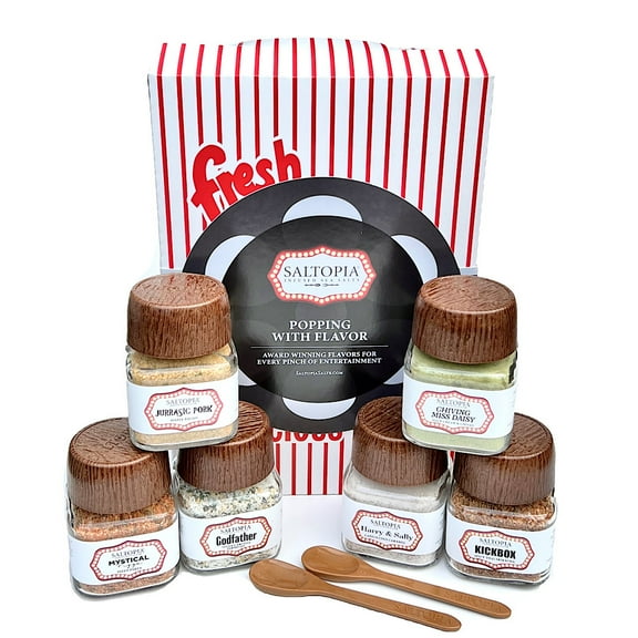 SALTOPIA POPPING WITH FLAVOR, All Natural, Variety Set of 6 Different Flavor Infused Sea Salts for Popcorn & Other Recipes. 3.4oz Jars (6 jar gift set)