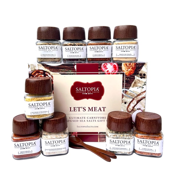 SALTOPIA ULTIMATE CARNIVORE Set, All Natural, Variety Set of 9 Flavor Infused Sea Salts Paired Perfectly for Poultry, Beef, Pork, Game, Seafood. 3.4oz Jars (9 jar gift set)