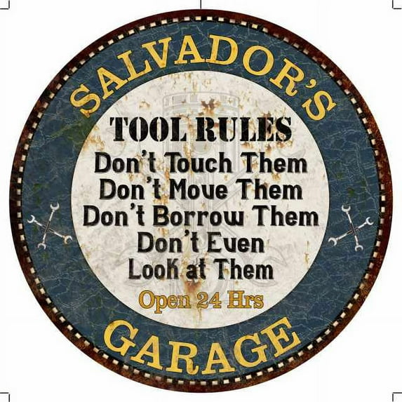 SALVADOR'S Garage Rules 14" Round Metal Sign Garage Wall Decor 100140015481