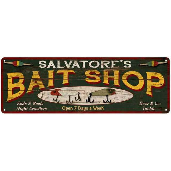 SALVATORE'S Bait Shop Sign Wood Look Man Cave Den Gift 6x18 Metal 206180024392
