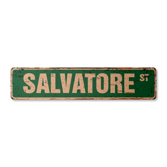 SALVATORE Vintage Aluminum Street Sign Childrens Name Room Metal Sign rustic metal tin | Indoor/Outdoor | 24" Wide