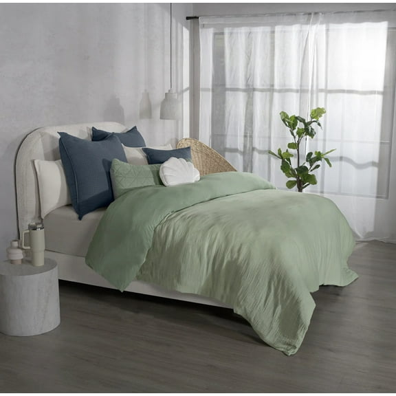 SALVIA GREEN COLOR MUSTIN TEXTURE REVERSIBLE DUVET COVER CALIFORNIA KING SIZE MADE IN MEXICO