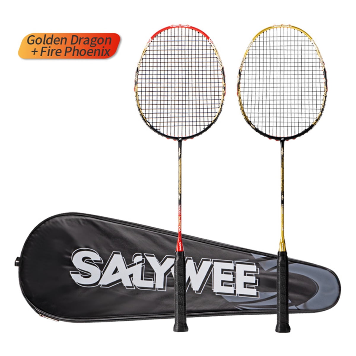 SALYWEE Full Carbon Fiber Badminton Racket, Golden Dragon and Fire Phoenix, Super Light 30LBS Offensive Racket, Newest Fish Mouth Cone Cap Design, Complimentary Sports Bag