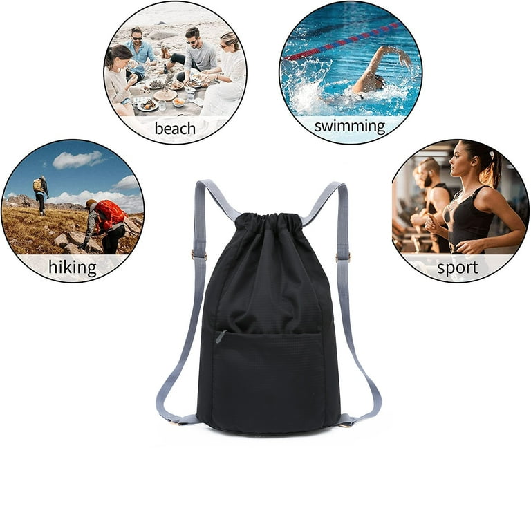 SALYYA Waterproof Drawstring Sports Bag Lightweight Backpack for Men and Women with Wide Straps Black