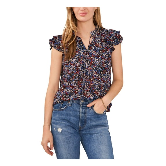 SAM AND JESS Womens Black Tie Lined Floral Flutter Sleeve Split Top Petites PS