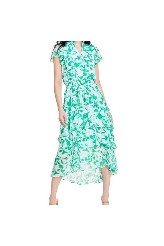 SAM AND JESS Womens Floral Printed Smocked Waist Tiered Above-Knee Midi Dress, Green, Medium