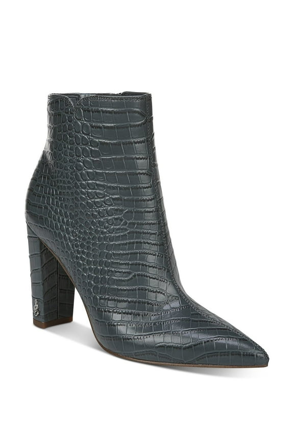 Womens Aqua Reptile Embossed Logo Hardware Padded Raelle Pointed Toe Block Heel Zip-Up Leather Booties 6.5 M