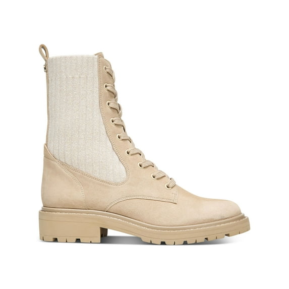 SAM EDELMAN Womens Beige Knit Comfort Water Resistant Stretch Lydell Round Toe Block Heel Lace-Up Leather Combat Boots 8.5 M