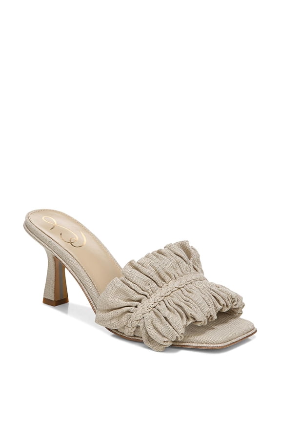 Womens Beige Ruffled Comfort Kady Square Toe Flare Slip On Dress Heeled Sandal 6.5 M