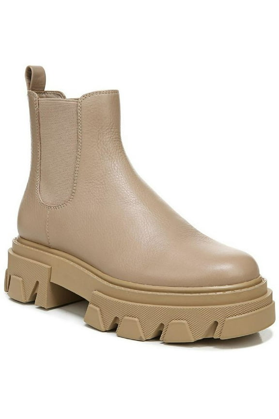 Womens Beige Treaded 1-1/2" Platform Goring Waterproof Daelyn Round Toe Block Heel Leather Booties 10 M