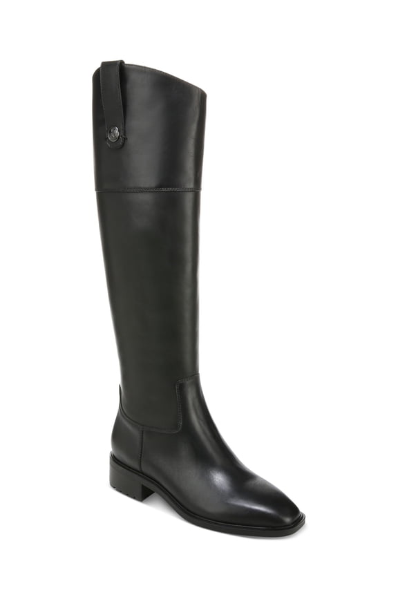 Womens Black Goring Pull Tab Button Detail Asymmetrical Cushioned Drina Almond Toe Block Heel Zip-Up Leather Riding Boot 9.5 M