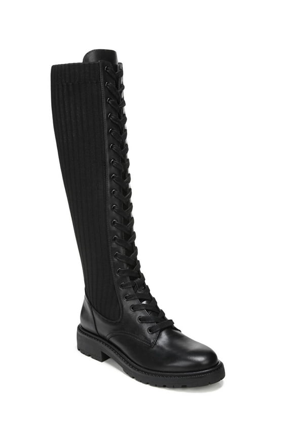 Womens Black Knit Stretch Lug Sole Lila Round Toe Block Heel Lace-Up Leather Combat Boots 5 M